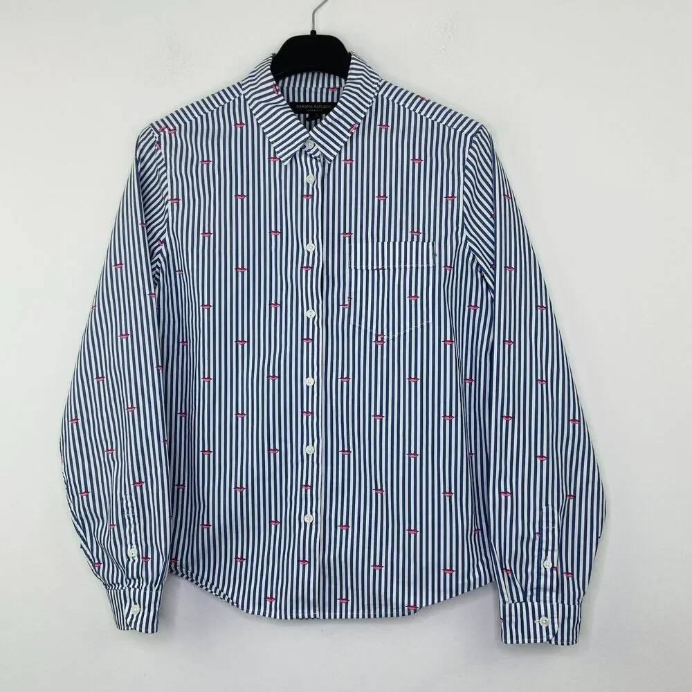 Banana Republic S Shirt Blue White Striped Quinn Boy Button Up Lip Novelty AS7 - Picture 1 of 5
